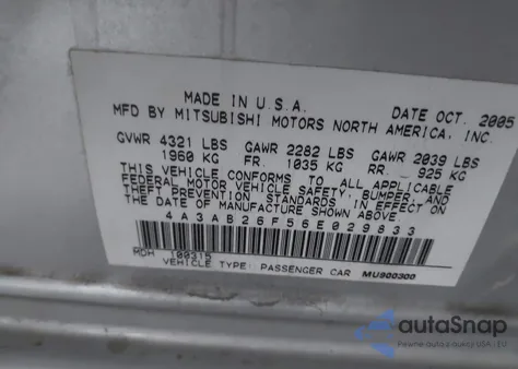 2006 Mitsubishi Galant De from USA, damaged, VIN 4A3AB26F56E029833